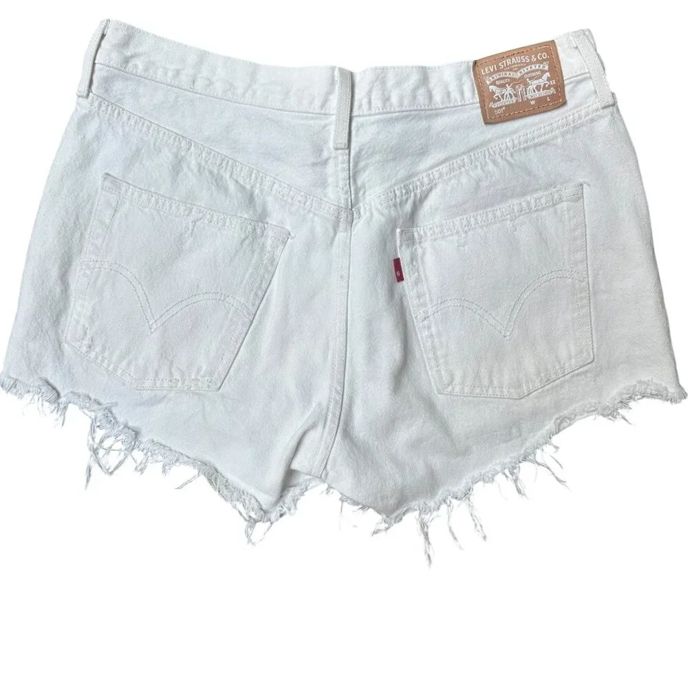 Levis 501 Shorts Cutoff White Denim Mid-Rise Frayed Hem Retro‎ Y2K W32